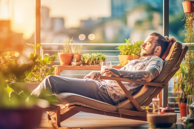 Handsome hipster man with tattoos is relaxing at home on sustainable balcony with potted plants