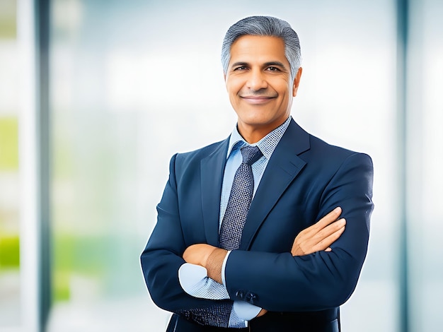 Handsome hispanic senior business man with crossed arms smiling aside