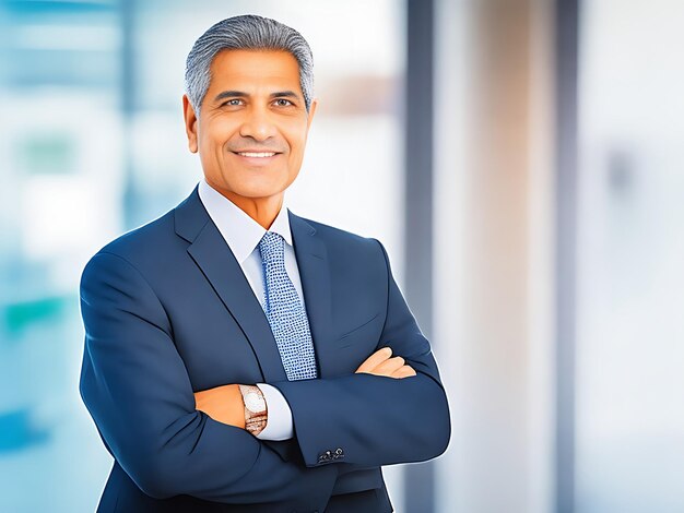 Handsome hispanic senior business man with crossed arms smiling aside