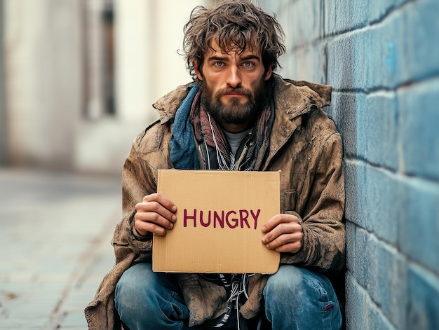 Photo handsome it guy with scruffy beard begging on the street