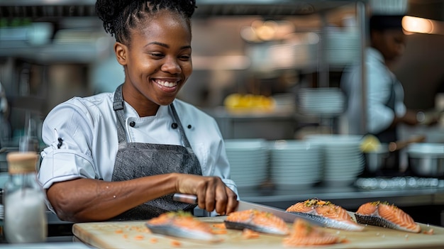 The handsome Latin American head chef is cutting fish fillet with a knife on a cutting board restaurant kitchen modern room