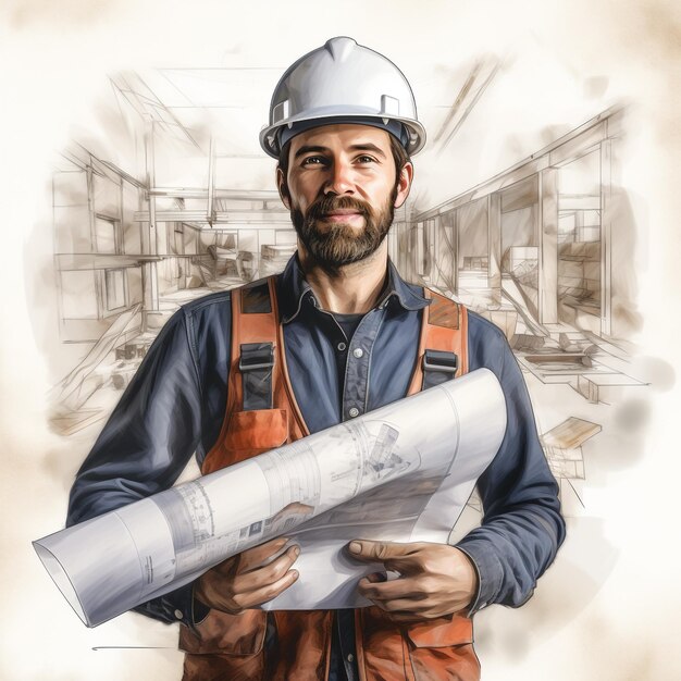 Handsome male builder in safety helmet holding drawing Handsome male builder in safety helmet holdi