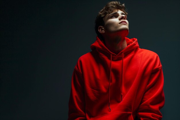 Photo handsome male fashion model in bright red hoodie male dress with midnight black mens background lifestyle mens portrait fashion