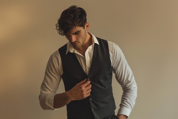 Photo handsome male fashion model in fashion vest male dress with cream male background fashion lifestyle mens portrait