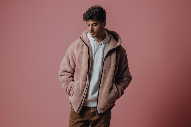 Photo handsome male fashion model in a fleece jacket male dress portrait with a dusty rose male background featuring a trendy and lifestyle mens fashion look