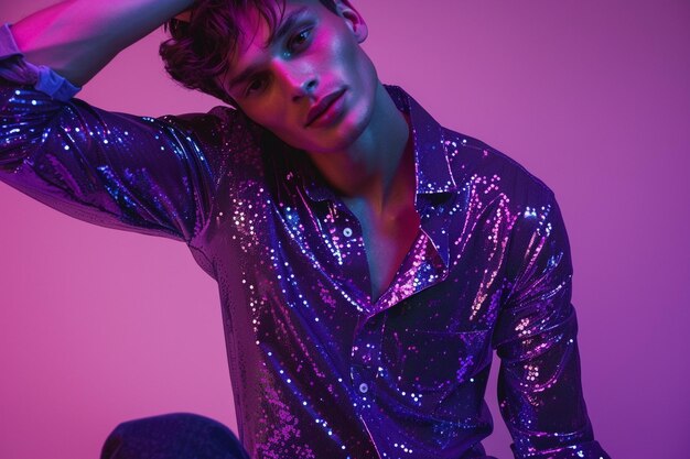 Photo handsome male fashion model in a sequined shirt male dress with a rich purple male background featuring a costume fashion portrait and costume lifestyle mens