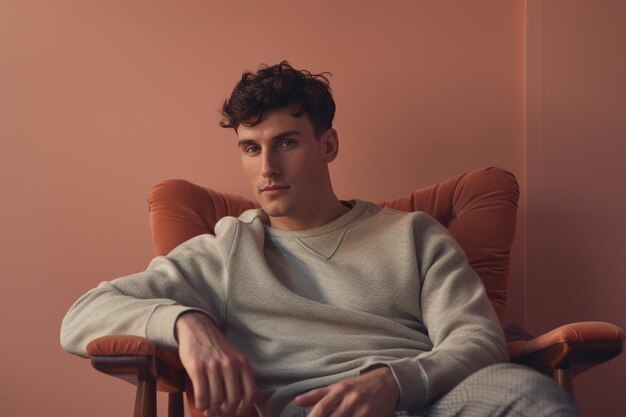 Photo handsome male fashion model in a sweatshirt male dress portrait with a soft peach mens background capturing a relaxed and trendy fashion look