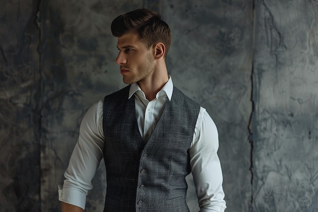 Photo handsome male fashion model in tailored vest male dress with concrete gray lifestyle mens men portrait fashion male background