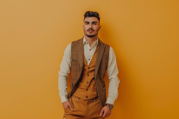 Photo handsome male fashion model in trendy vest with lemon yellow male background male dress apparel lifestyle mens portrait