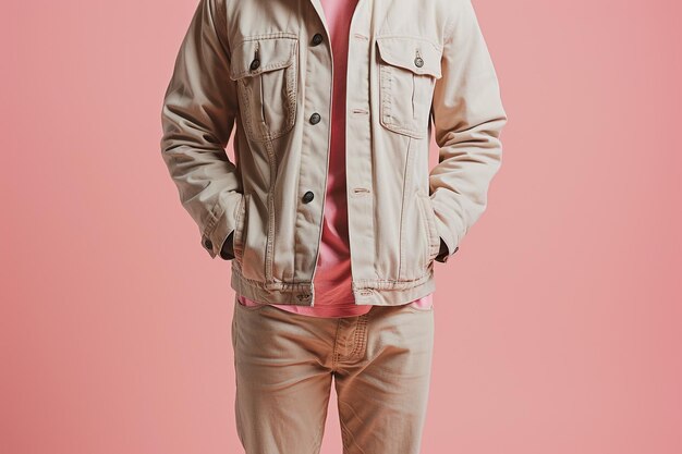 Photo handsome male fashion model wearing a jacket male dress with a soft pink male background capturing lifestyle mens and portrait fashion characteristics