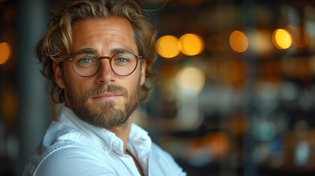 Handsome male model posing with blurred restaurant background