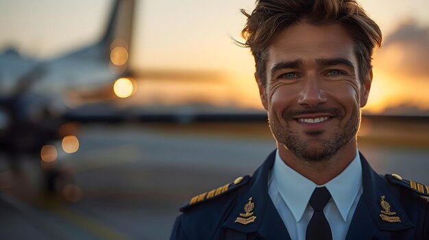 Handsome male pilot dark blue uniform white shirt black tie confident smile airport background blurr