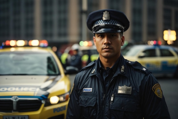 A handsome male policeman on the background of police cars on a city street