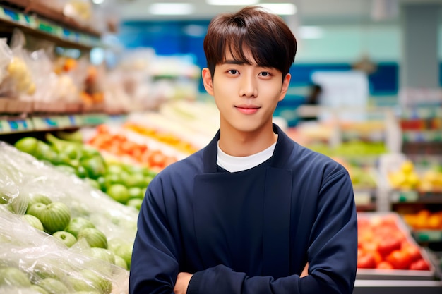 A handsome male supermarket worker on a background of fresh vegetables and fruits