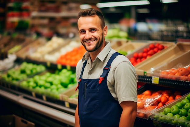 A handsome male supermarket worker on a background of fresh vegetables and fruits