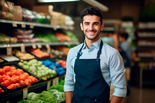 A handsome male supermarket worker on a background of fresh vegetables and fruits