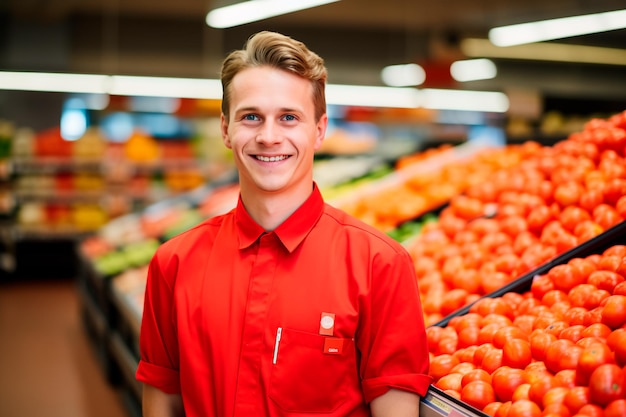 A handsome male supermarket worker on a background of fresh vegetables and fruits