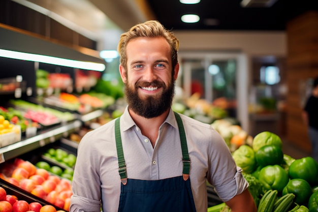 A handsome male supermarket worker on a background of fresh vegetables and fruits