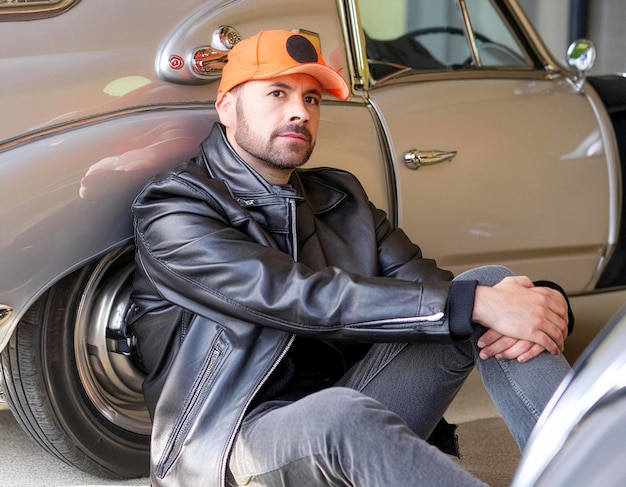 Photo handsome man bearded in black leather biker jacket aside retro racing car vintage with caps