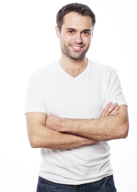 Handsome man in blank white shirt, happy face