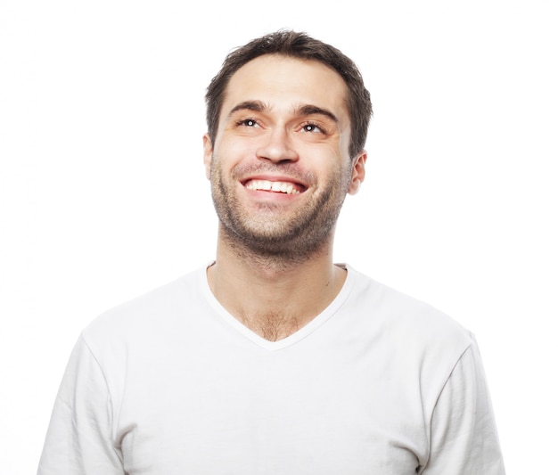 Handsome man in blank white shirt, happy face