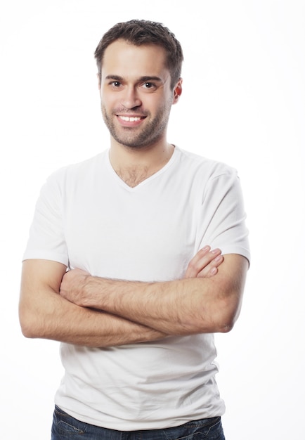 Handsome man in blank white shirt