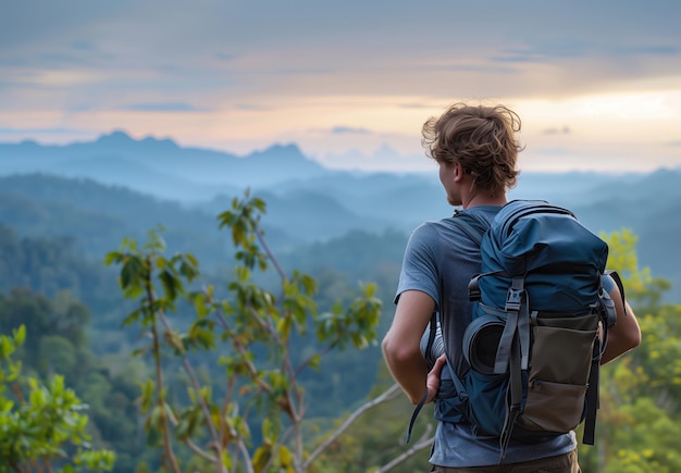 A handsome man carrying backpack and camera standing on the top of mountain