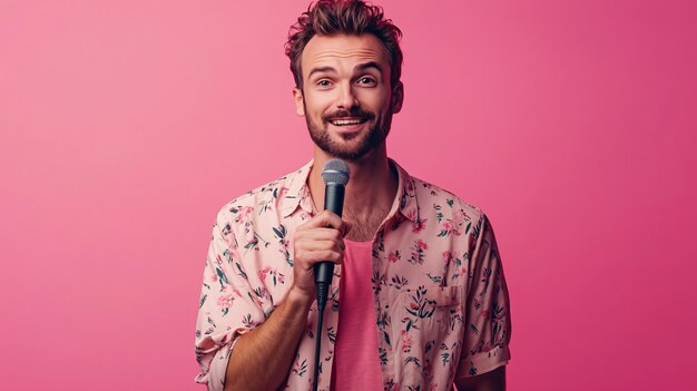 Photo handsome man in casual clothes with microphone on color background