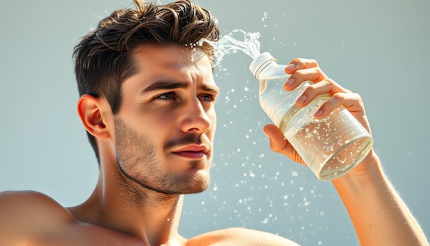 Handsome man douses himself with cold water from bottle in summer Sultry heat in summer and cool