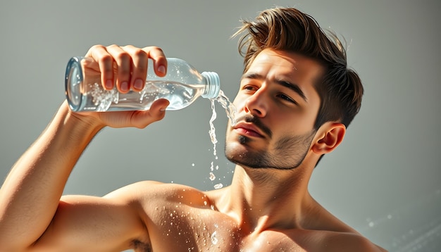 Handsome man douses himself with cold water from bottle in summer Sultry heat in summer and cool