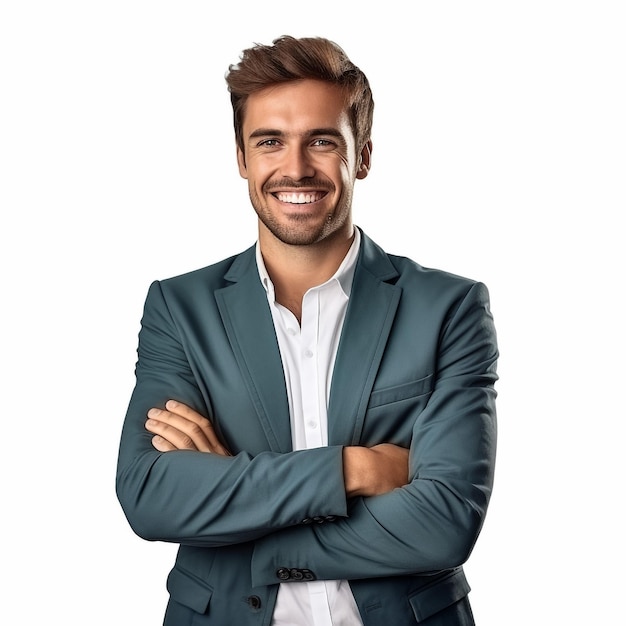 Handsome man in elegant suit on white background