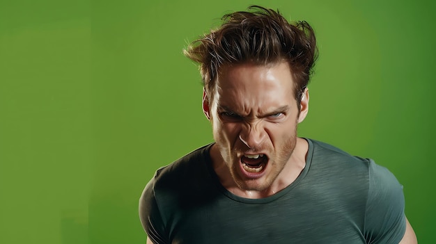 A handsome man expressing anger on a bright green background highlighting raw intensity