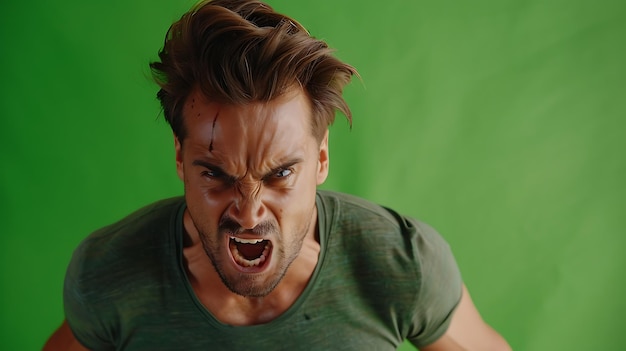 Photo a handsome man expressing intense anger on a bright green background highlighting raw emotions