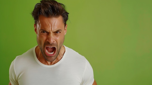 A handsome man expressing intense anger on a bright green background highlighting raw emotions