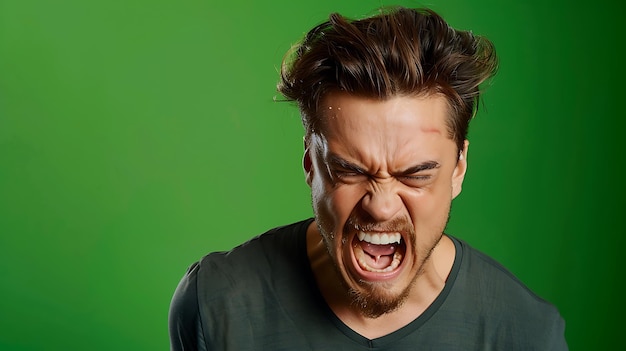 Photo a handsome man expressing intense anger on a bright green background highlighting raw emotions