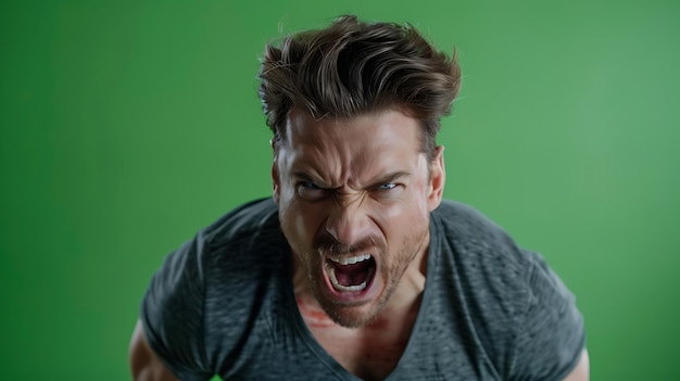 Photo a handsome man expressing intense anger on a bright green background highlighting raw emotions