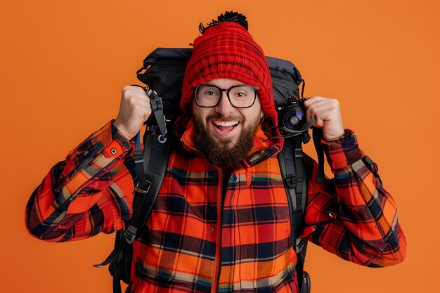 Photo handsome man in good mood posing with camera on orange background