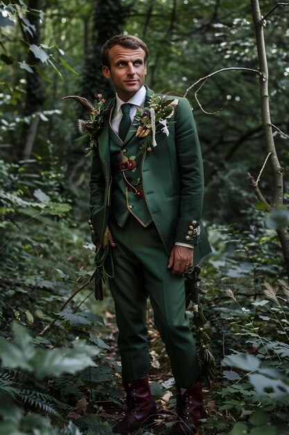 Photo handsome man in green suit posing in the forest portrait of a handsome man in the woods