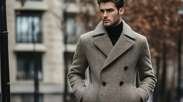 Photo a handsome man in a grey peacoat and black turtleneck standing outside