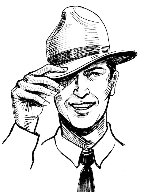 Handsome man in hat. Hand drawn retro styled illustration