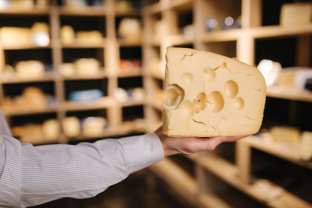 Handsome man hold big slice of cheese maasdam in hand. Cheese with big holes. Background of shelves with cheese