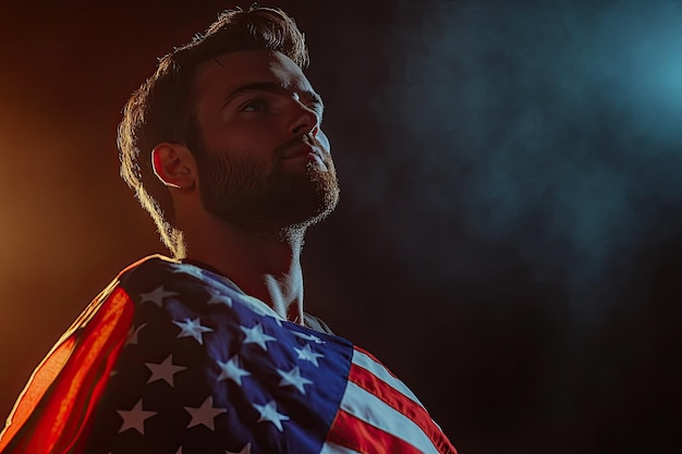 Photo handsome man holding an american flag