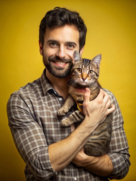 A Handsome Man Hugging Cute And Happy Fulfy Cat