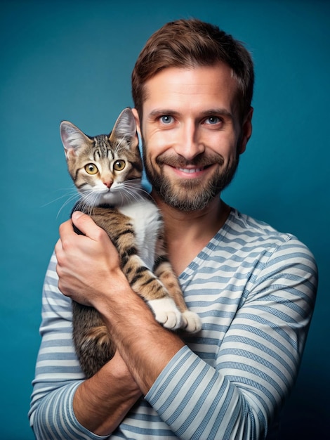 A Handsome Man Hugging Cute And Happy Fulfy Cat