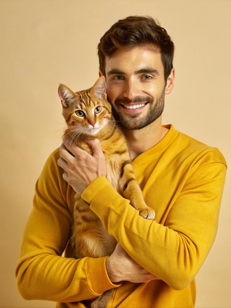 A Handsome Man Hugging Cute And Happy Fulfy Cat