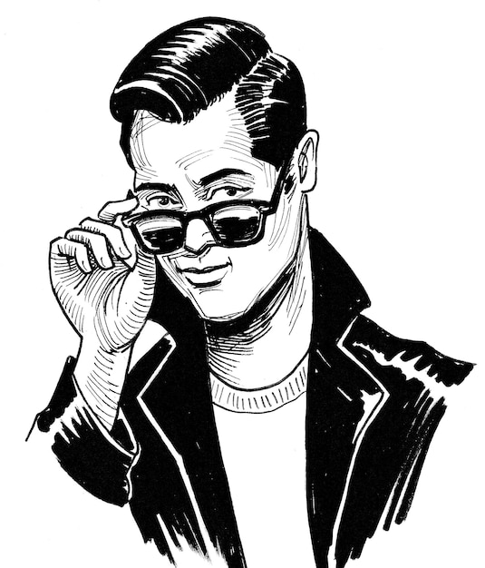 Photo handsome man in leather jacket and sunglasses. ink black and white drawing