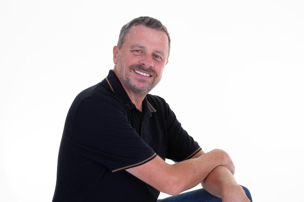 Handsome man portrait posing on white background smiling happy face