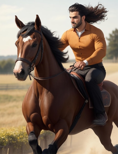 a handsome man on running horse