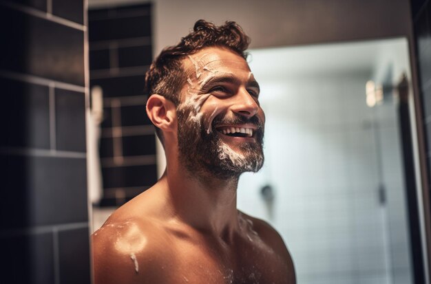 Handsome man shaving his beard in front of the mirror with some lather on his face