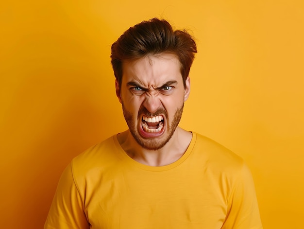 Photo a handsome man showing anger against a bright yellow backdrop highlighting strong emotions